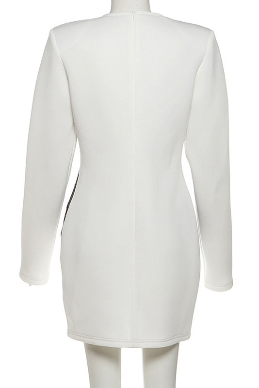 White - Women's white long-sleeve mini dress featuring a deep V-neckline and a striking black lace corset-style overlay on the bodice.