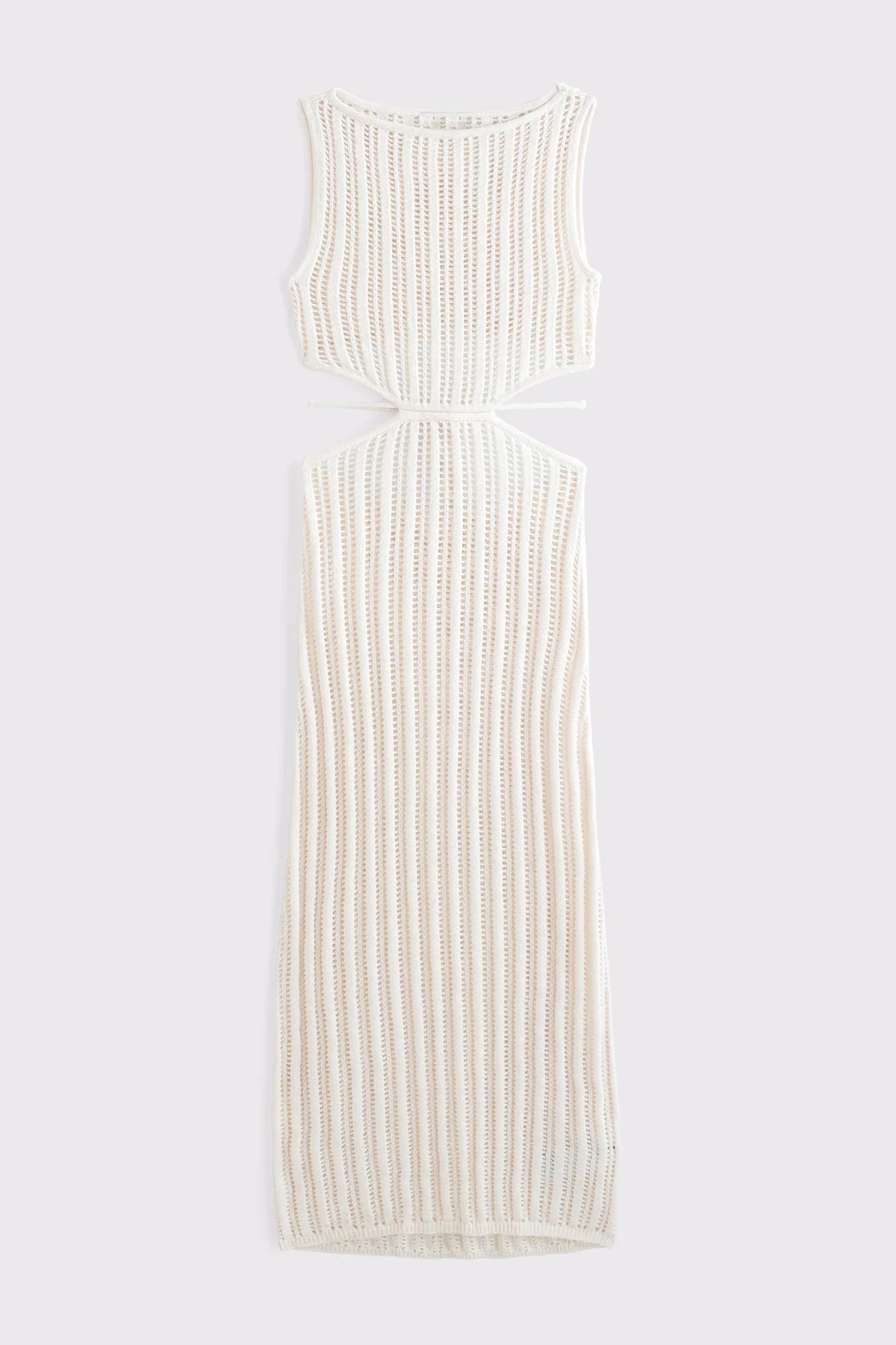 White - A woman models a sleeveless, cream-colored open-knit maxi dress with a high neckline and cutouts at the waist, shown against a plain white background.