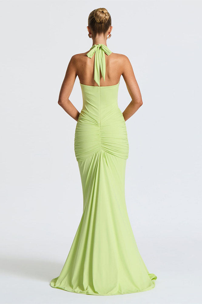 Green - A woman models a form-fitting, deep red halterneck maxi dress with a plunging neckline and extensive ruching, standing elegantly in a formal garden setting.