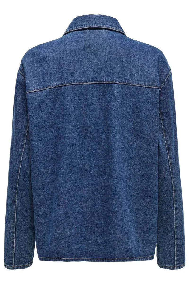 Blue - Women's medium wash denim jacket featuring a classic collar, long sleeves, two front patch pockets, and three unique tie-front bow closures.