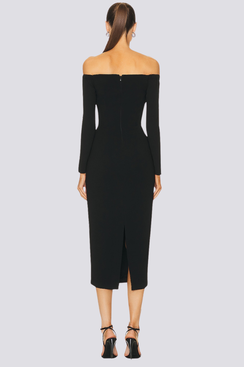 Woman in black knit off-the-shoulder midi dress with rhinestone trim