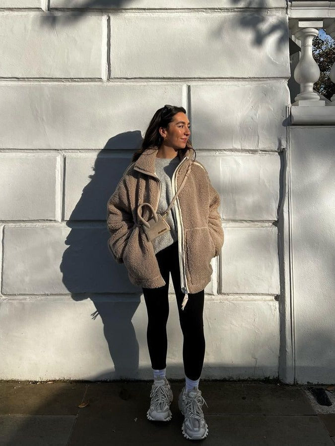 Coffee - Women's off-white heavyweight sherpa fleece jacket featuring a full front zipper, high stand collar, and two large front patch pockets.