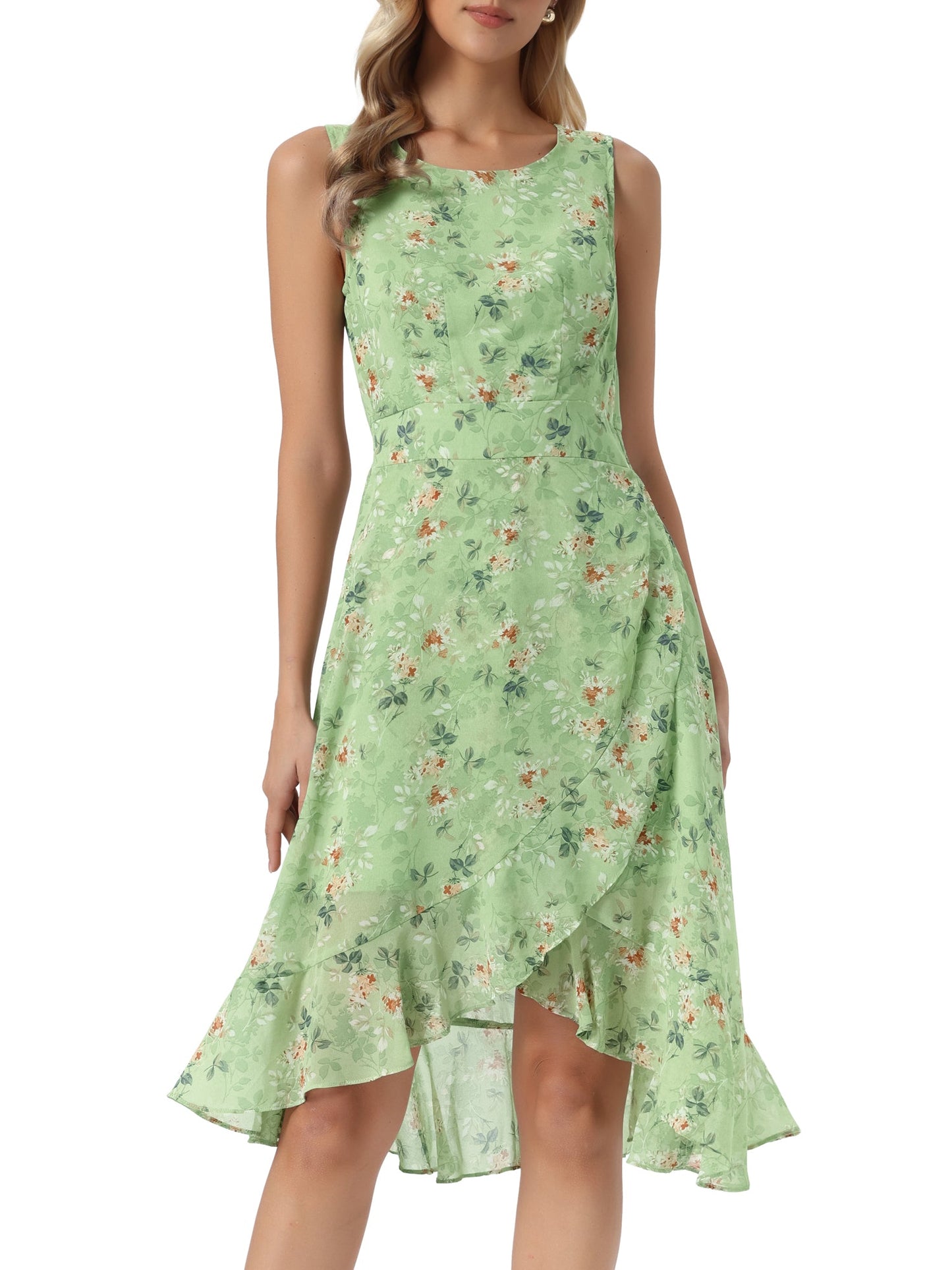 Green - Woman walking outdoors wearing a sleeveless floral chiffon midi sundress with an asymmetrical high-low ruffle hem.