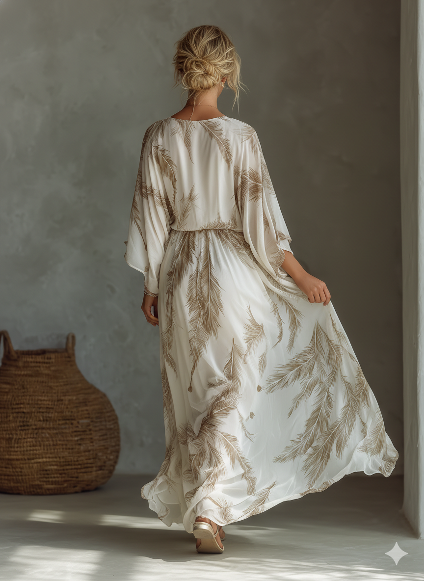 Ivory - Model walking in a flowing, semi-sheer maxi dress featuring a deep V-neckline, wide kimono sleeves, and a large-scale plume print pattern.