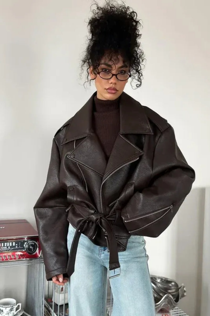 Solid Color Lapel Lace-Up Leather Jacket