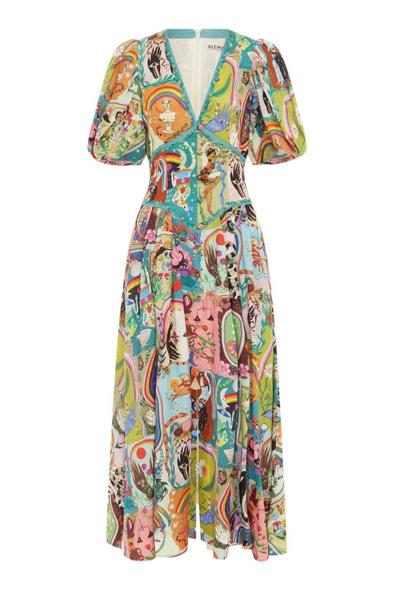 Woman in colorful printed cotton midi dress with puff sleeves