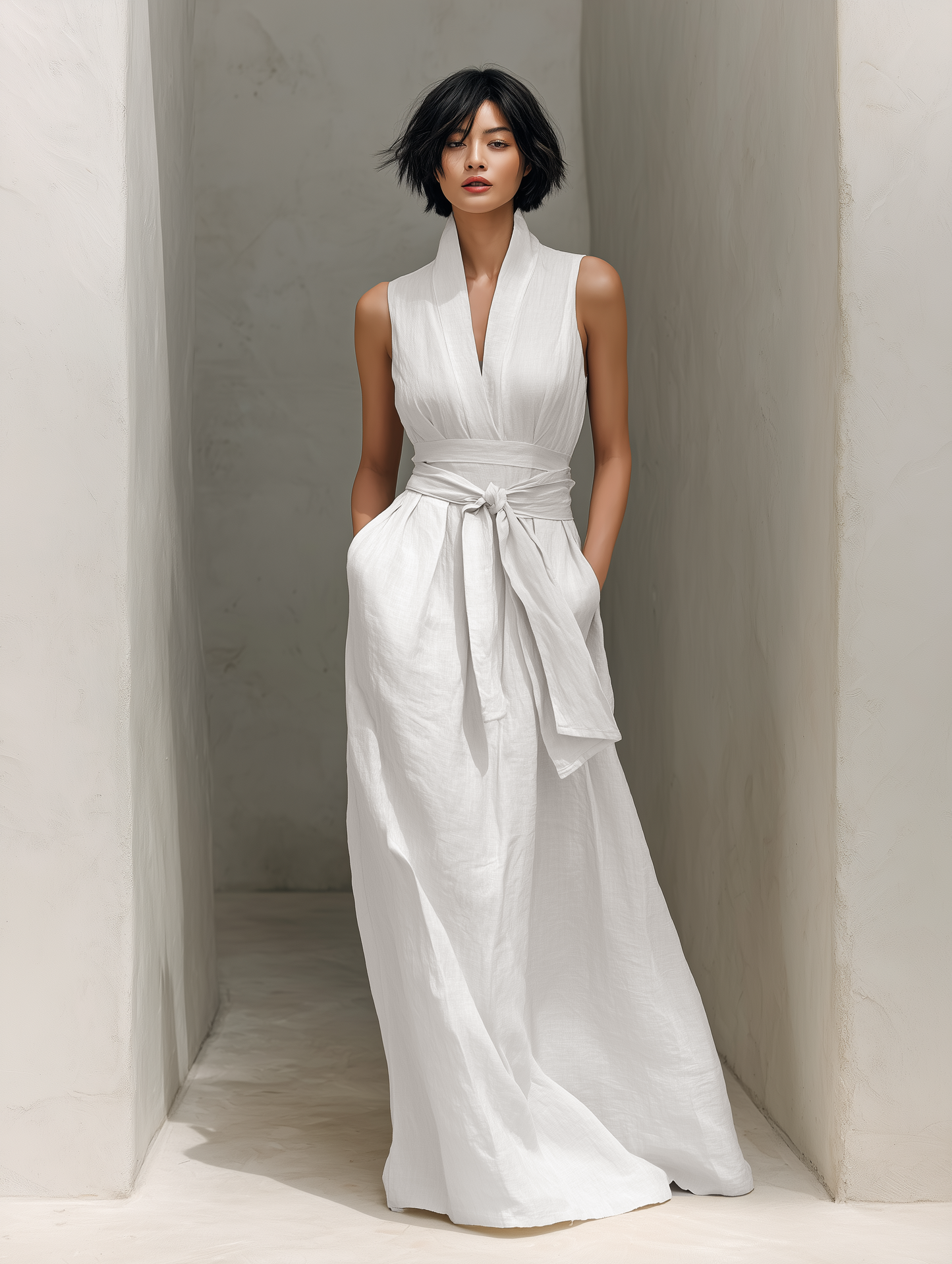 White - Woman wearing a minimalist sleeveless wide-leg jumpsuit with a deep V-neckline and a wide self-tie belt at the waist, posing in an architectural setting.