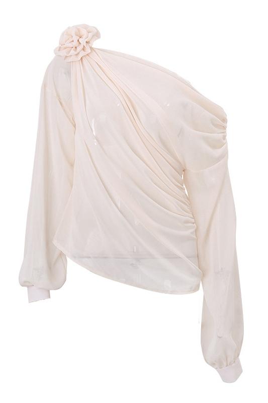 Beige - Women's elegant cream asymmetric blouse featuring a large 3D floral shoulder detail, extensive draped ruching across the bodice, and a single sheer long sleeve.