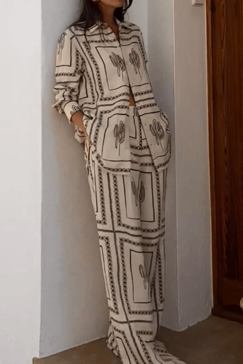 Beige - Women's matching two-piece set featuring a long-sleeve button-down shirt and pants in a light fabric with a dark graphic cactus and geometric border print.
