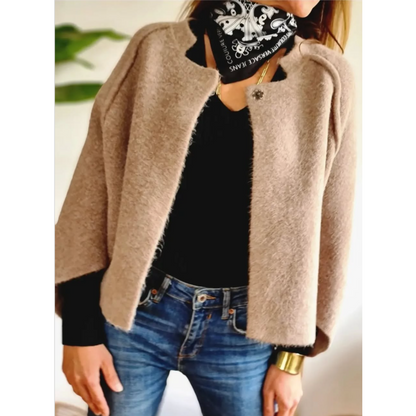 Red - Women's taupe brushed knit cropped cardigan with wide sleeves and top button details, layered over a white button-down shirt and dark denim.