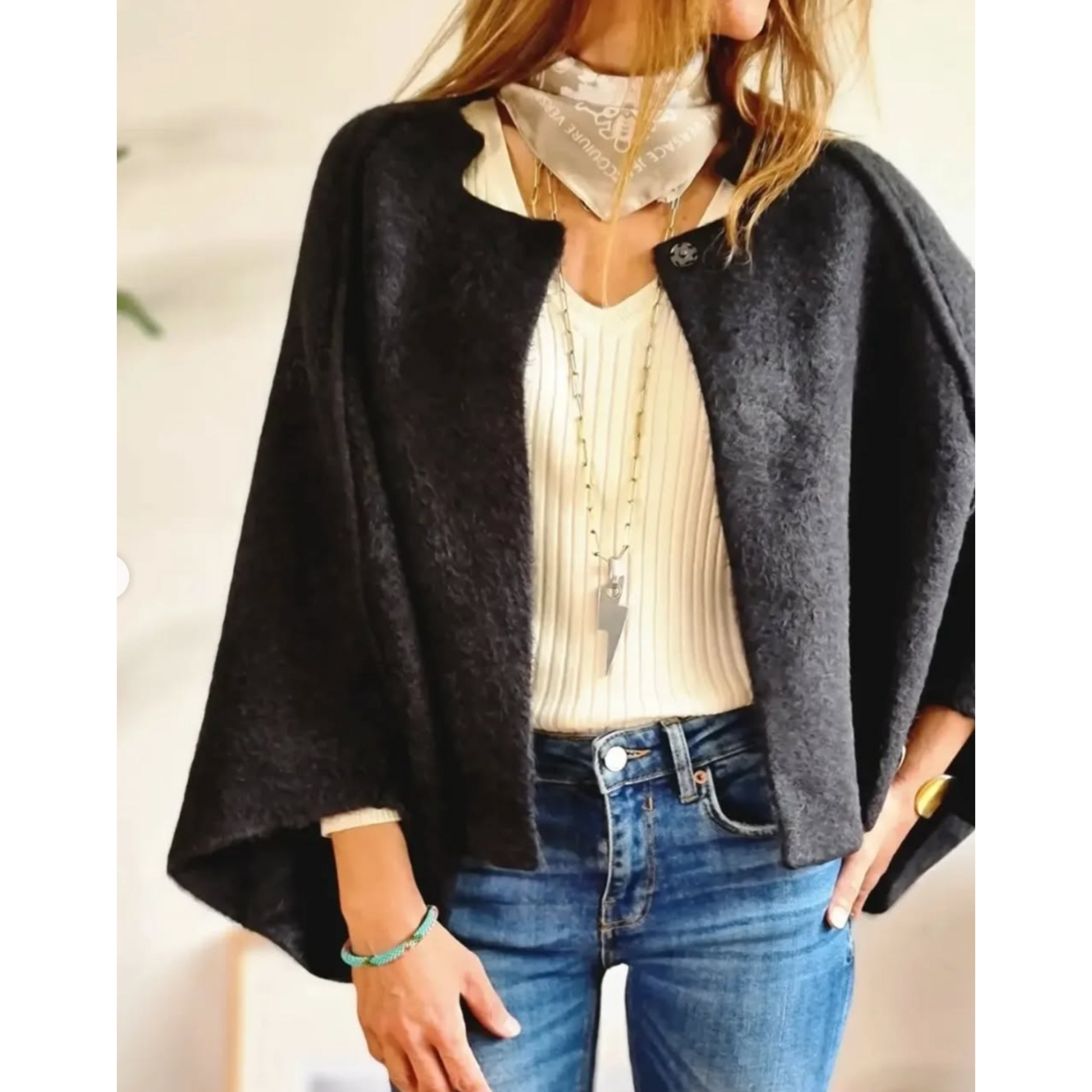 Red - Women's taupe brushed knit cropped cardigan with wide sleeves and top button details, layered over a white button-down shirt and dark denim.