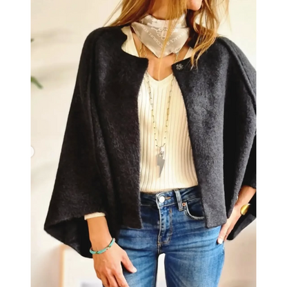 Red - Women's taupe brushed knit cropped cardigan with wide sleeves and top button details, layered over a white button-down shirt and dark denim.