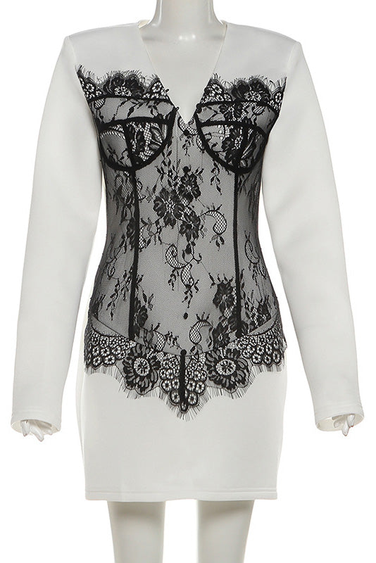 White - Women's white long-sleeve mini dress featuring a deep V-neckline and a striking black lace corset-style overlay on the bodice.