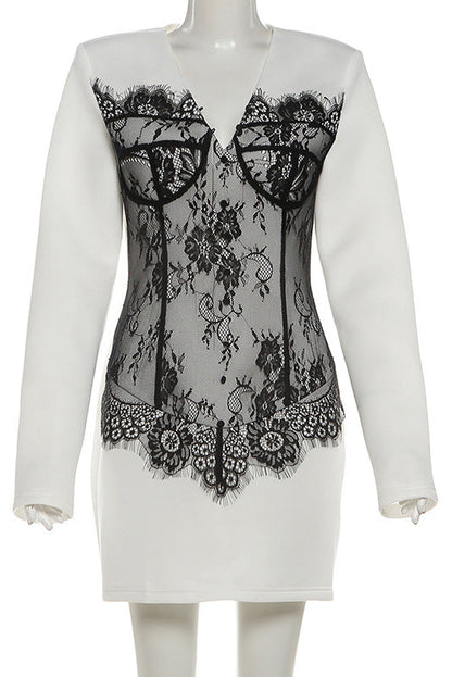 White - Women's white long-sleeve mini dress featuring a deep V-neckline and a striking black lace corset-style overlay on the bodice.