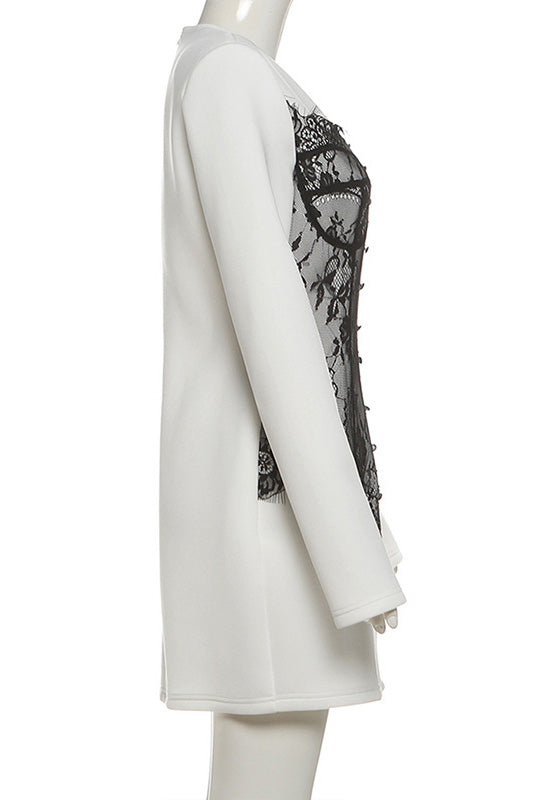 White - Women's white long-sleeve mini dress featuring a deep V-neckline and a striking black lace corset-style overlay on the bodice.