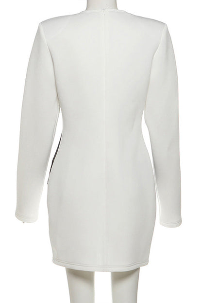White - Women's white long-sleeve mini dress featuring a deep V-neckline and a striking black lace corset-style overlay on the bodice.