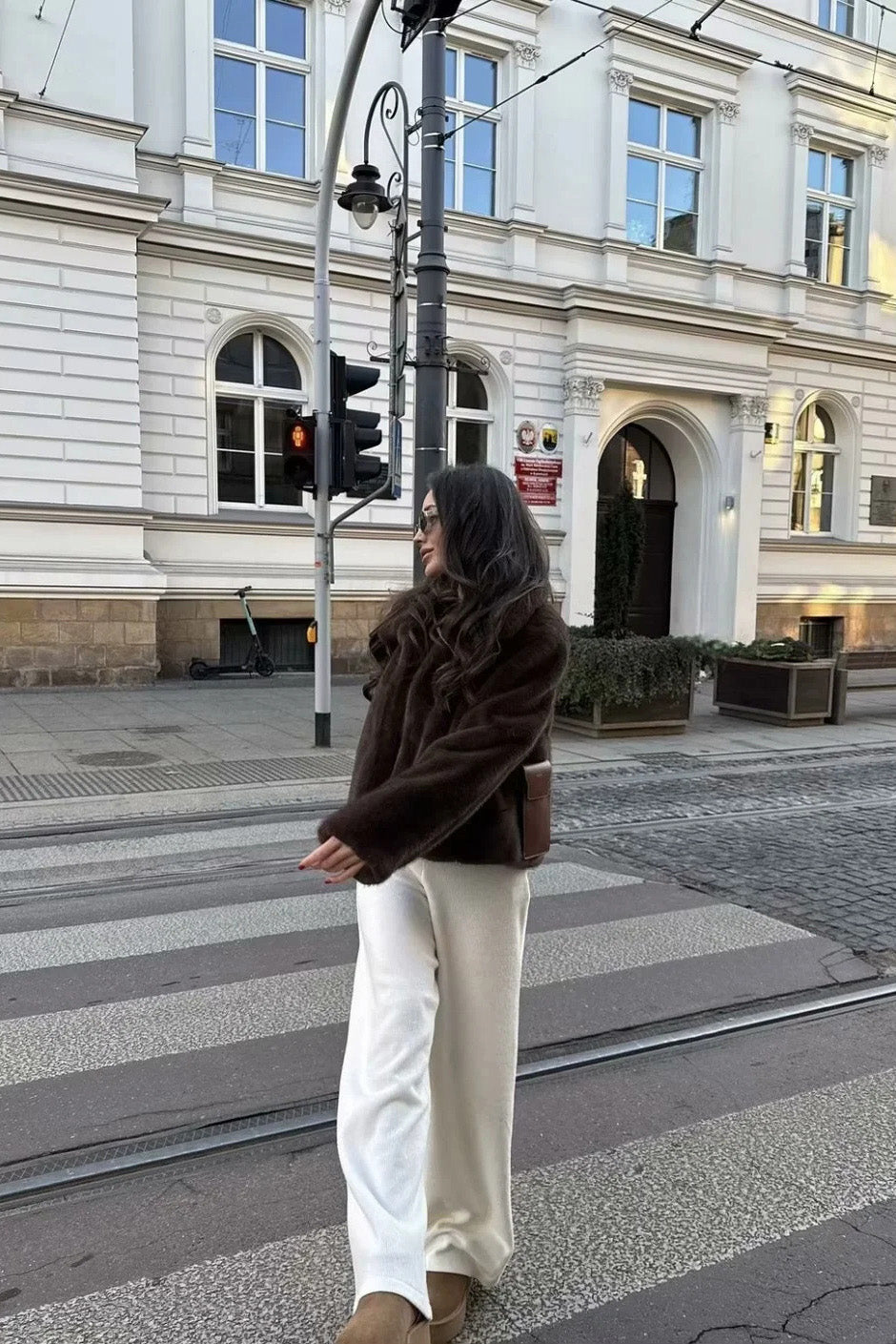 A woman standing outdoors on stone steps wearing a dark brown, plush faux fur cropped jacket with a wide collar, styled with a mini skirt and tall black boots.
