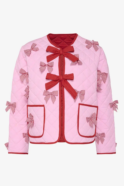 Casual Daily Solid Color Pocket Bow Decor O Neck Outerwear