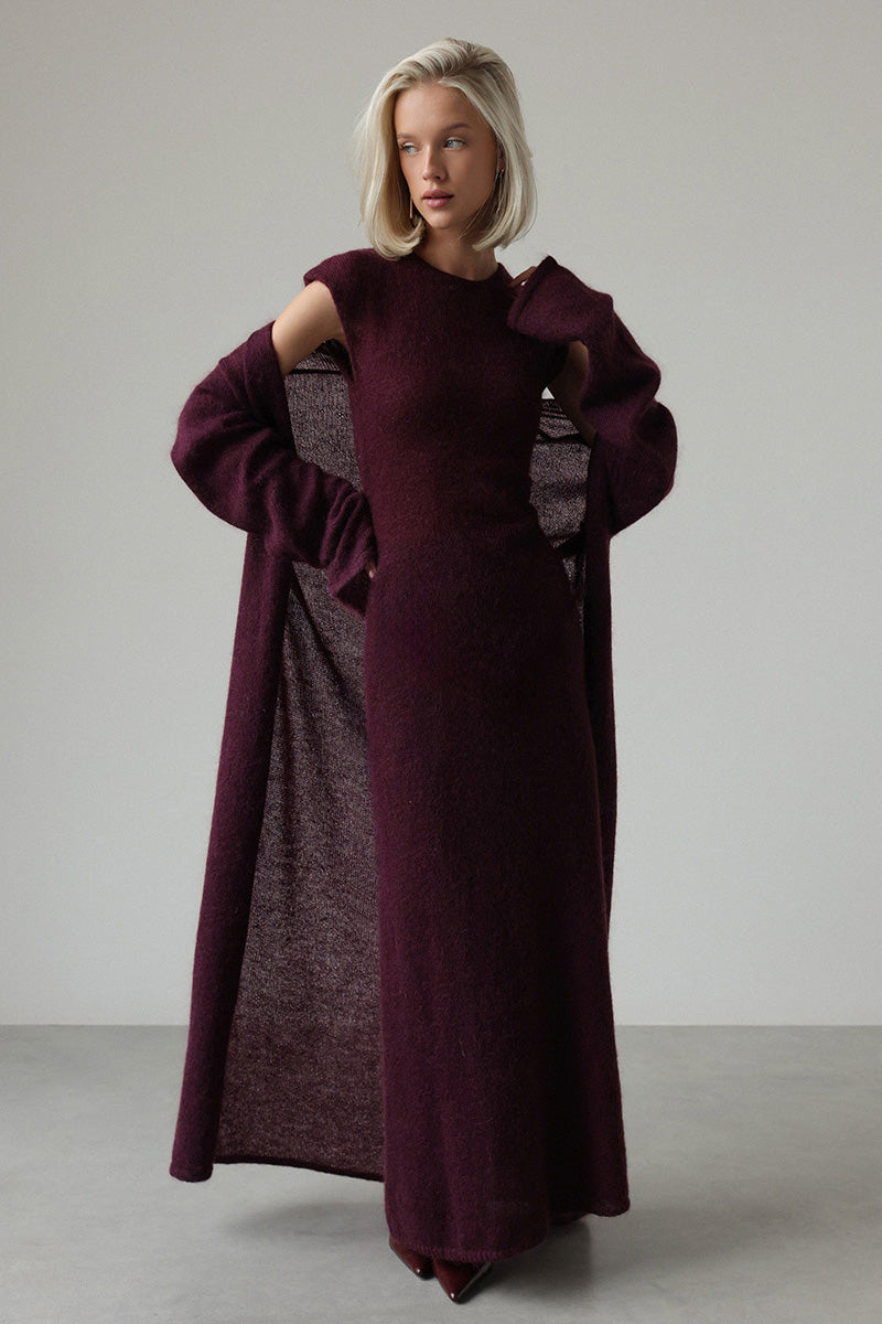 Red - A woman modeling a fuzzy white ribbed knit maxi dress paired with a matching longline duster cardigan, showcasing a sleek and elegant winter silhouette.