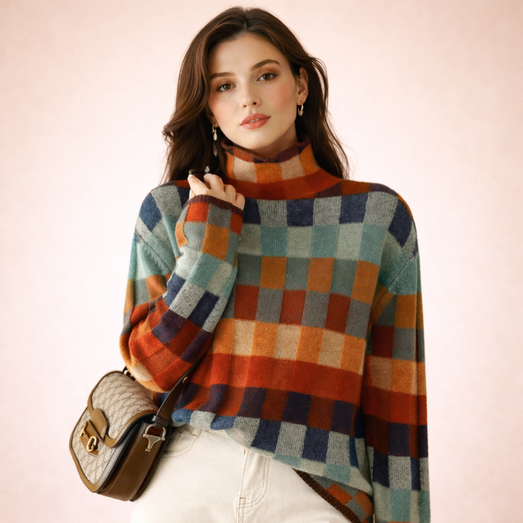 2XL - Woman wearing a relaxed fit, multicolour check pattern turtleneck sweater, paired with white jeans and carrying a patterned shoulder bag.