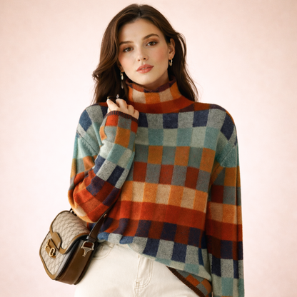 2XL - Woman wearing a relaxed fit, multicolour check pattern turtleneck sweater, paired with white jeans and carrying a patterned shoulder bag.