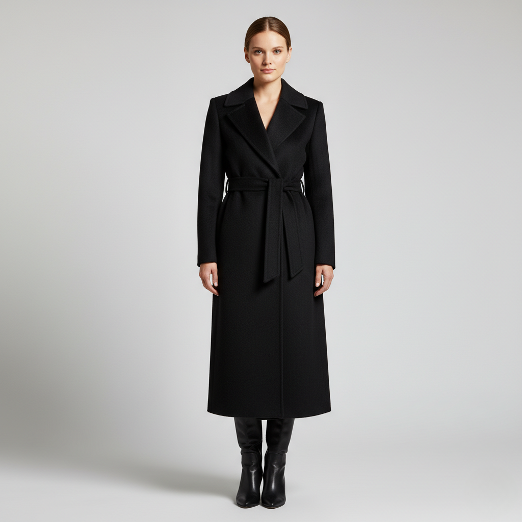 Schwarz - Women's elegant black tailored maxi wrap coat featuring wide notch lapels and a self-tie waist belt, worn by a model over black leather boots against a light grey background.