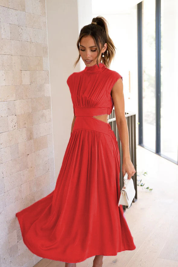 Red - A woman models a pale yellow, high-neck, sleeveless midi dress with a ruched bodice, a side waist cut-out, and a full, flowing A-line skirt, standing outdoors.