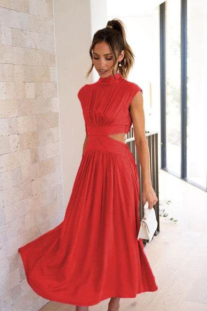 Red - A woman models a pale yellow, high-neck, sleeveless midi dress with a ruched bodice, a side waist cut-out, and a full, flowing A-line skirt, standing outdoors.