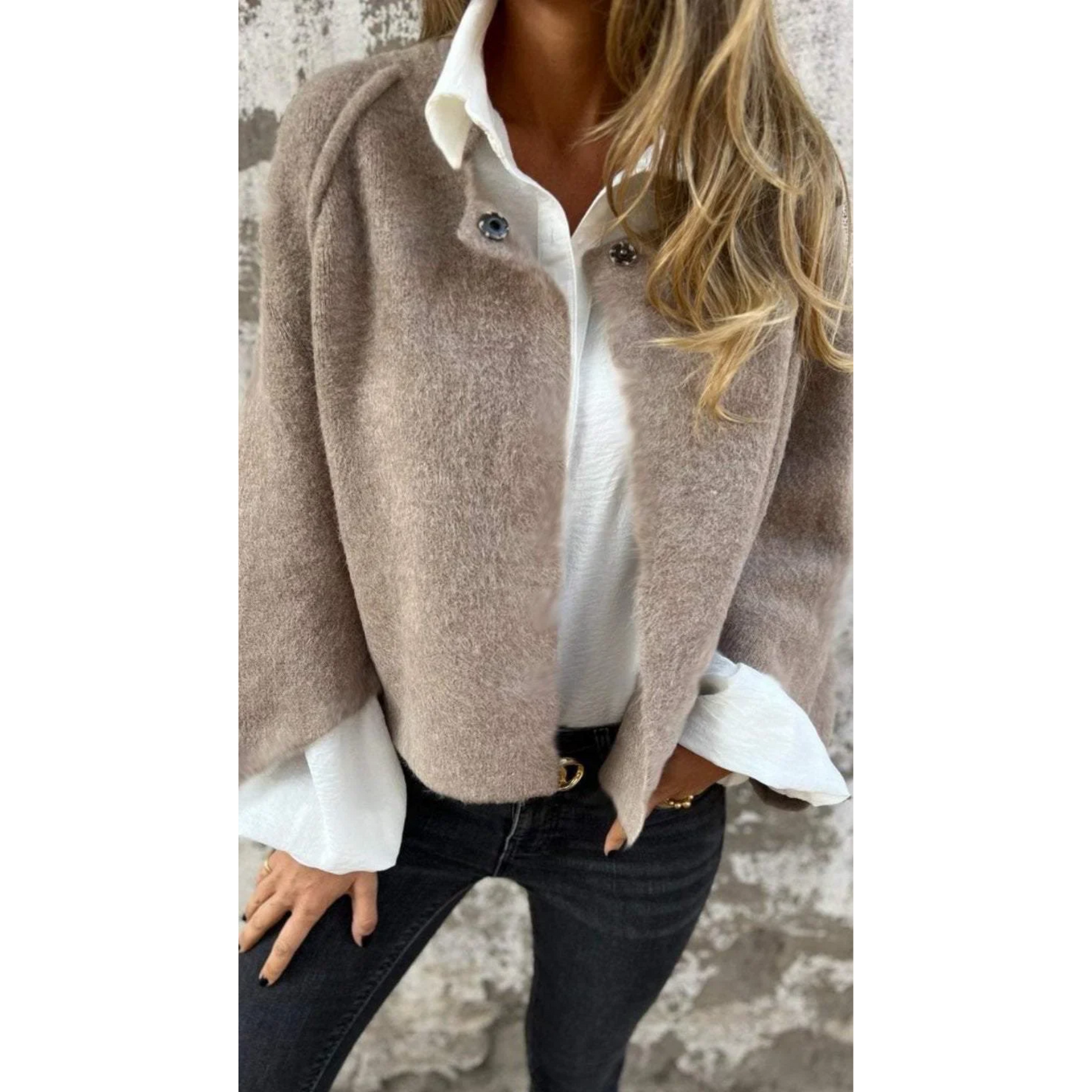 Beige - Women's taupe brushed knit cropped cardigan with wide sleeves and top button details, layered over a white button-down shirt and dark denim.