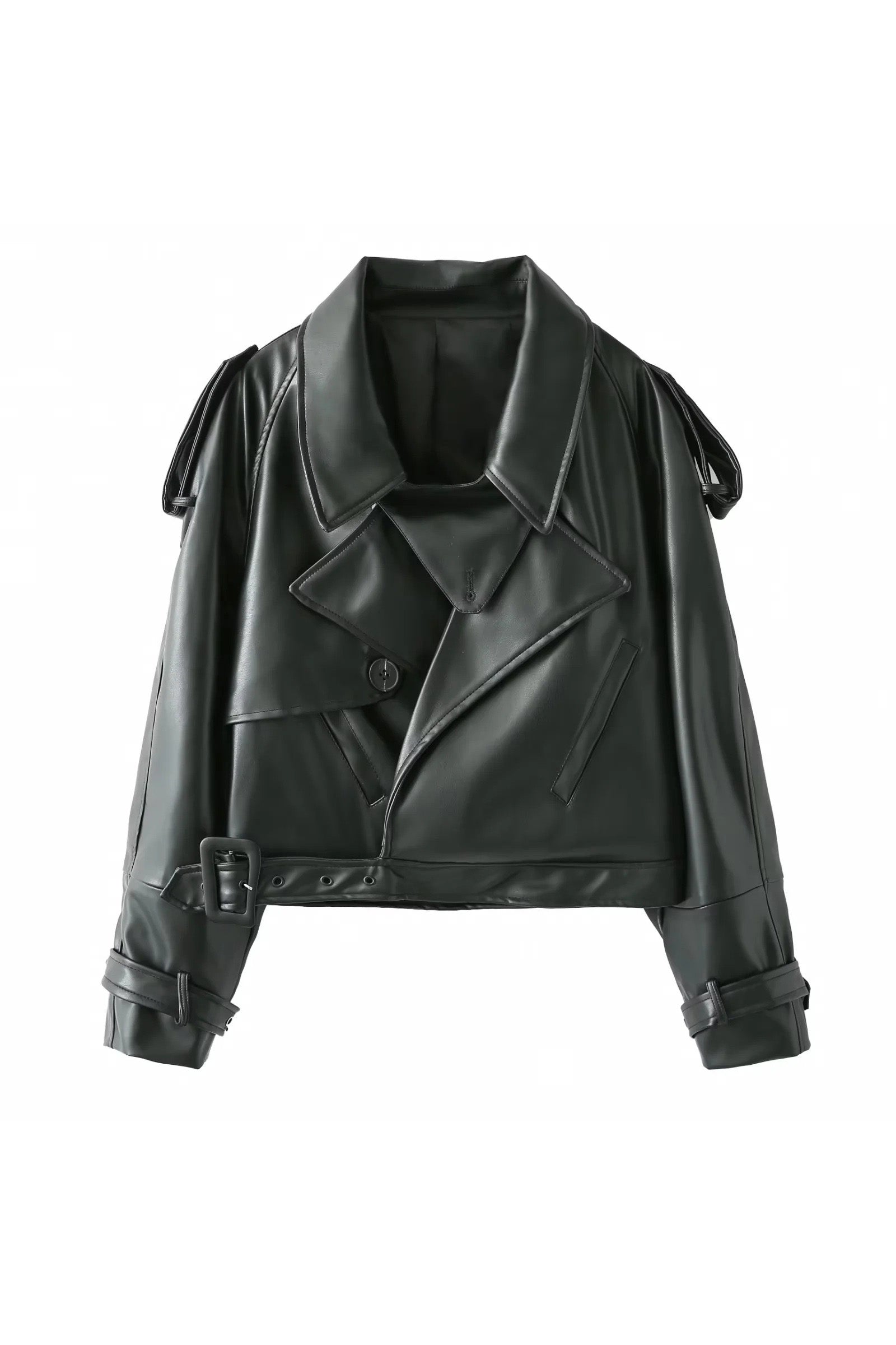 Dark Green - A woman wearing a burgundy oversized faux leather jacket with wide lapels, belted cuffs, and voluminous sleeves, styled over a black turtleneck in a city setting.