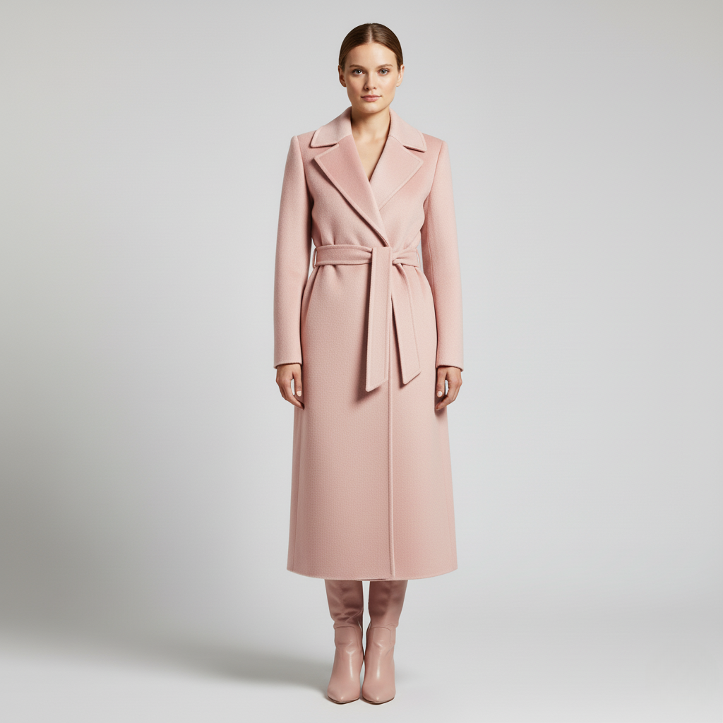 Rosa - Women's elegant black tailored maxi wrap coat featuring wide notch lapels and a self-tie waist belt, worn by a model over black leather boots against a light grey background.