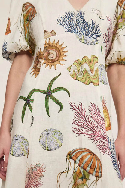 A woman models a short-sleeve, crewneck midi dress with a white background and a colorful, illustrative print of marine life including jellyfish, coral, and seashells.