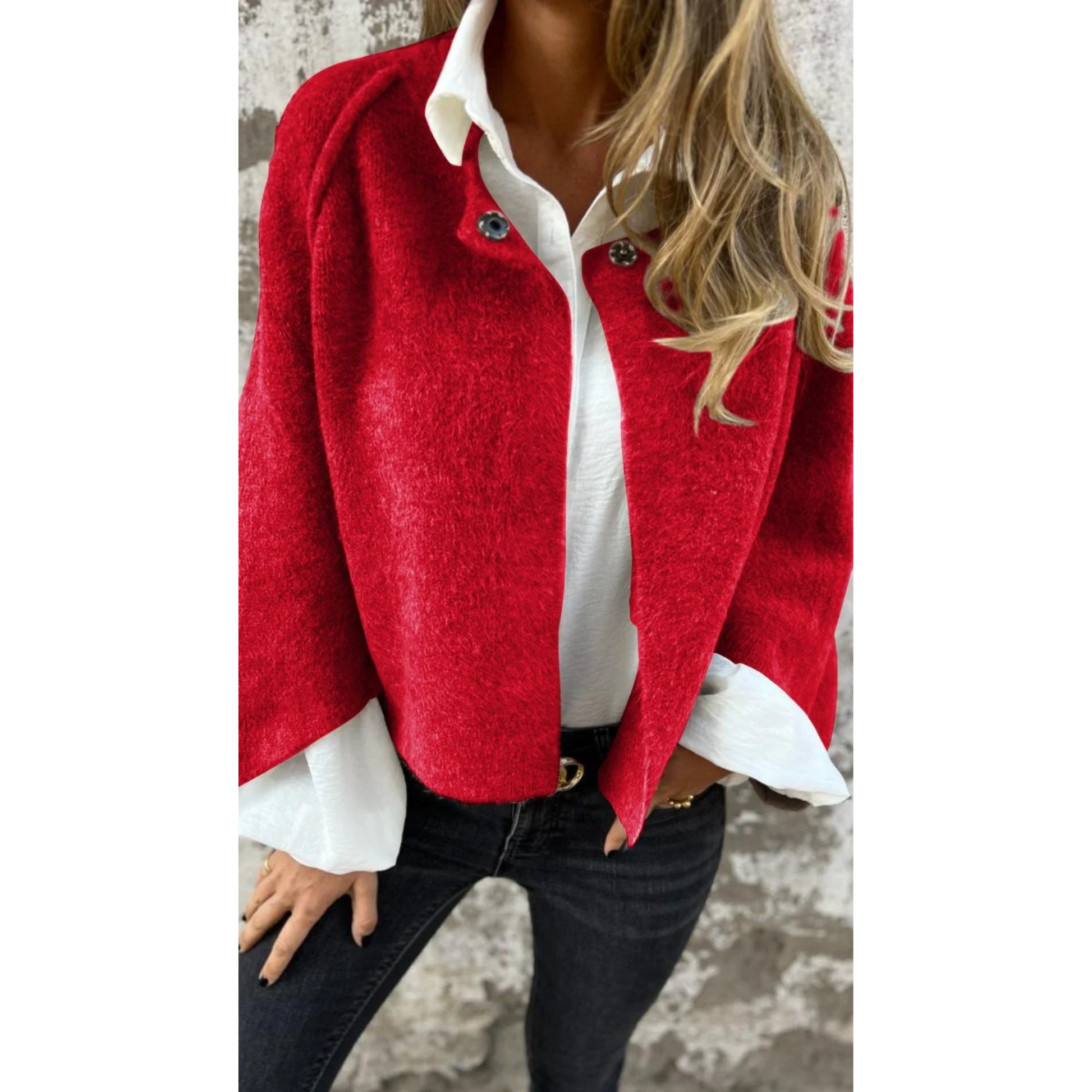 Red - Women's taupe brushed knit cropped cardigan with wide sleeves and top button details, layered over a white button-down shirt and dark denim.