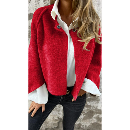 Red - Women's taupe brushed knit cropped cardigan with wide sleeves and top button details, layered over a white button-down shirt and dark denim.
