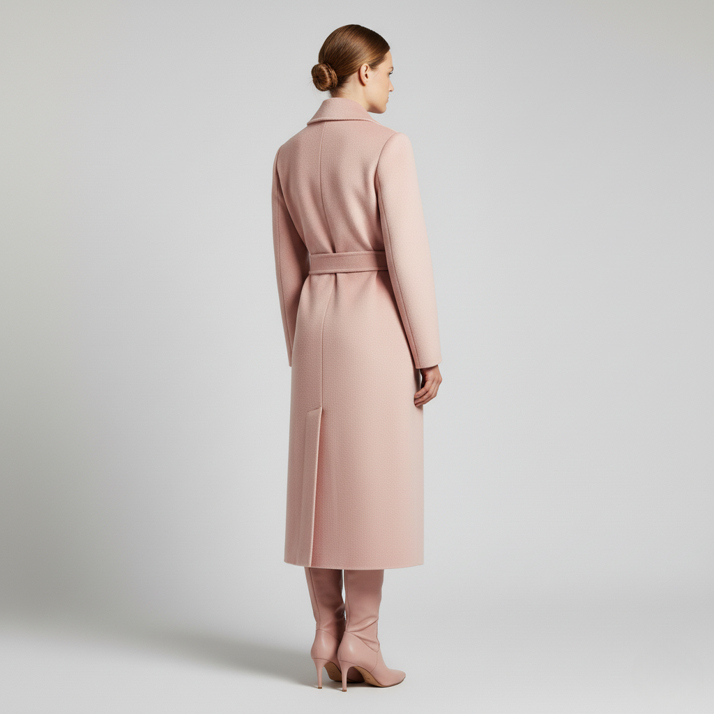 Rosa - Women's elegant black tailored maxi wrap coat featuring wide notch lapels and a self-tie waist belt, worn by a model over black leather boots against a light grey background.