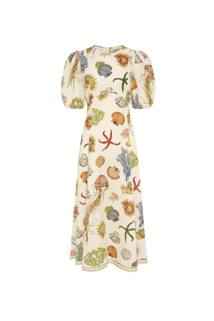 A woman models a short-sleeve, crewneck midi dress with a white background and a colorful, illustrative print of marine life including jellyfish, coral, and seashells.