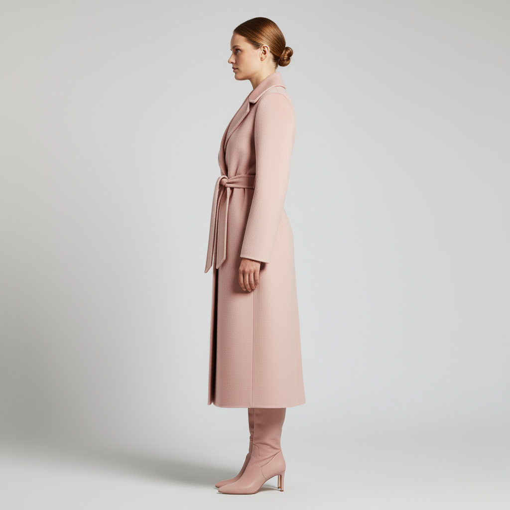 Rosa - Women's elegant black tailored maxi wrap coat featuring wide notch lapels and a self-tie waist belt, worn by a model over black leather boots against a light grey background.