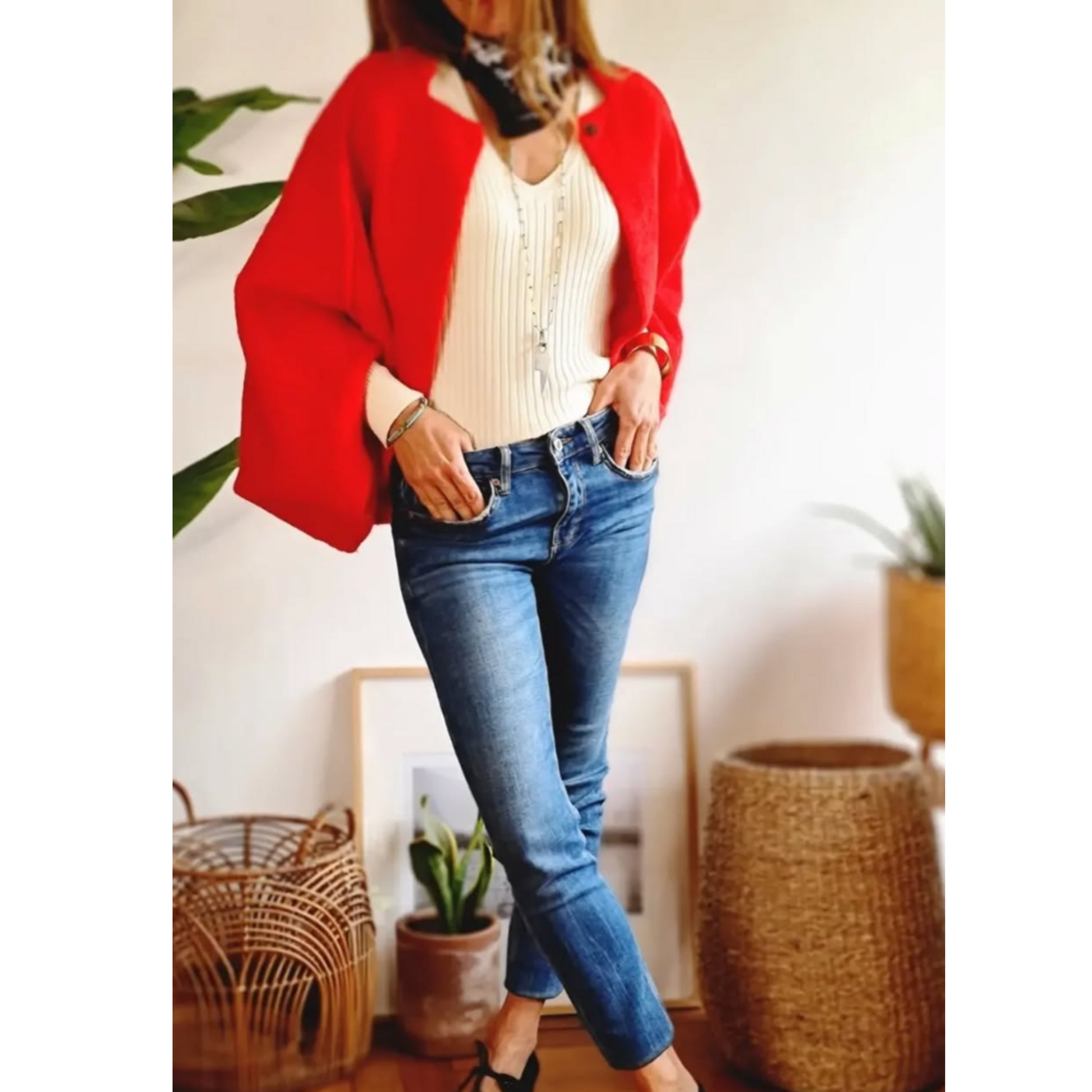 Red - Women's taupe brushed knit cropped cardigan with wide sleeves and top button details, layered over a white button-down shirt and dark denim.