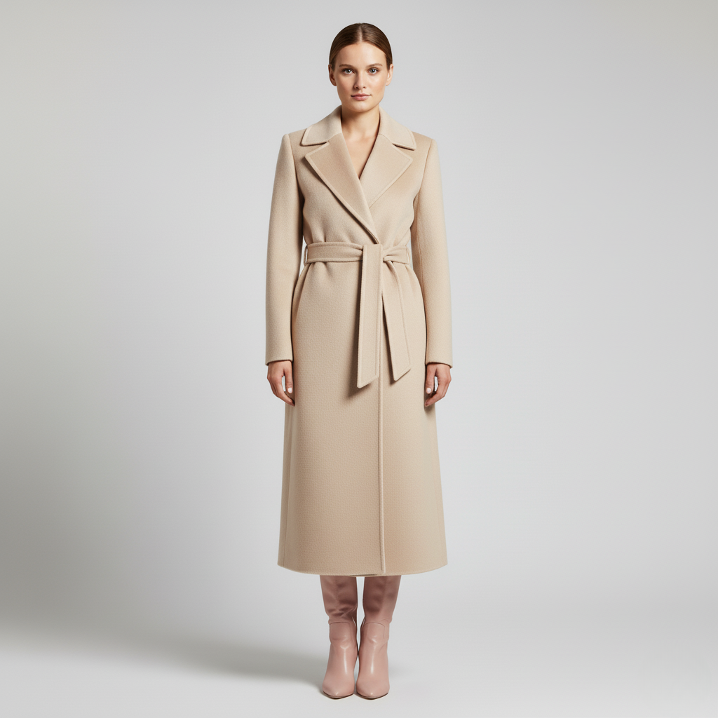 Khaki - Women's elegant black tailored maxi wrap coat featuring wide notch lapels and a self-tie waist belt, worn by a model over black leather boots against a light grey background.