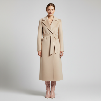 Khaki - Women's elegant black tailored maxi wrap coat featuring wide notch lapels and a self-tie waist belt, worn by a model over black leather boots against a light grey background.