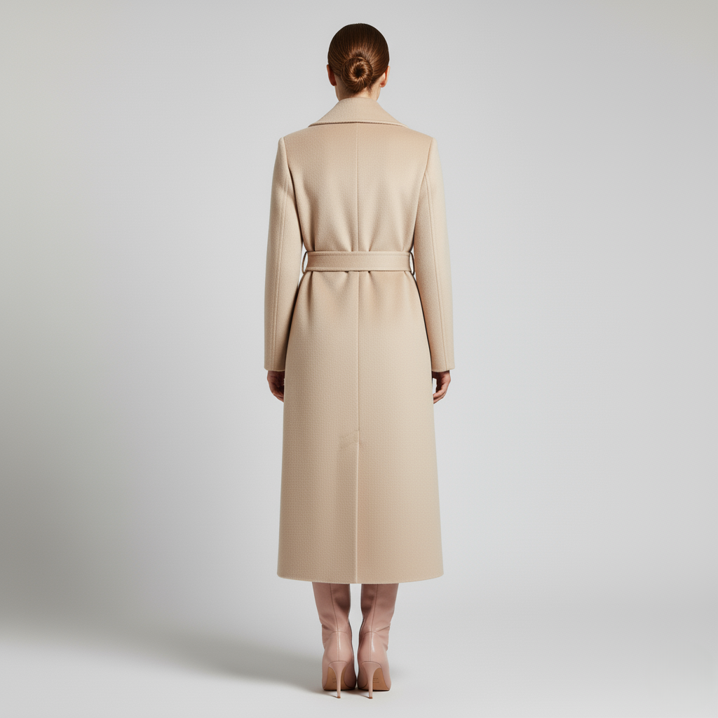 Khaki - Women's elegant black tailored maxi wrap coat featuring wide notch lapels and a self-tie waist belt, worn by a model over black leather boots against a light grey background.