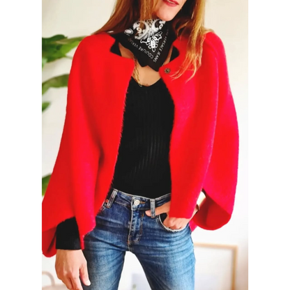 Red - Women's taupe brushed knit cropped cardigan with wide sleeves and top button details, layered over a white button-down shirt and dark denim.