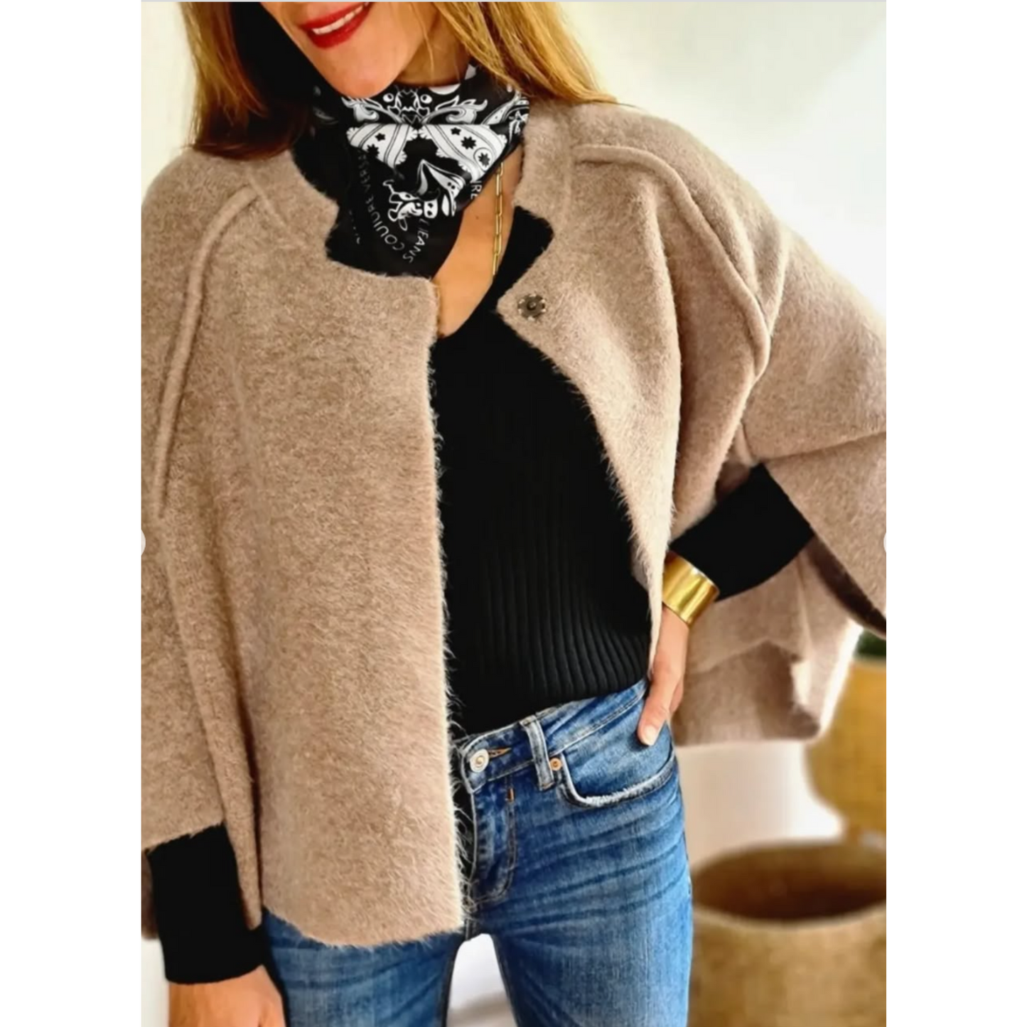 Red - Women's taupe brushed knit cropped cardigan with wide sleeves and top button details, layered over a white button-down shirt and dark denim.