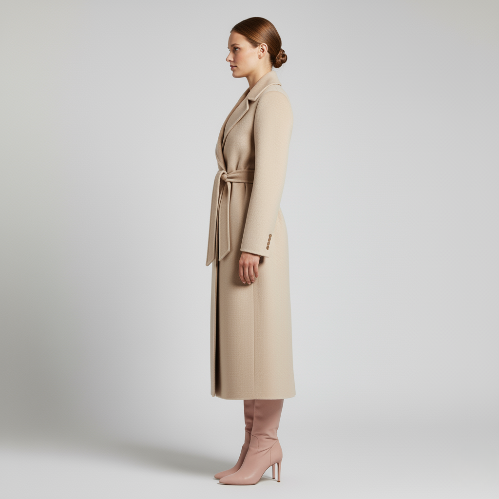 Khaki - Women's elegant black tailored maxi wrap coat featuring wide notch lapels and a self-tie waist belt, worn by a model over black leather boots against a light grey background.