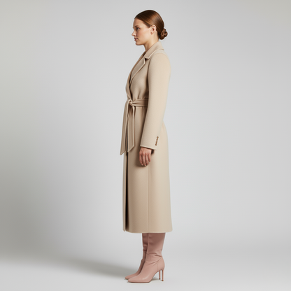 Khaki - Women's elegant black tailored maxi wrap coat featuring wide notch lapels and a self-tie waist belt, worn by a model over black leather boots against a light grey background.