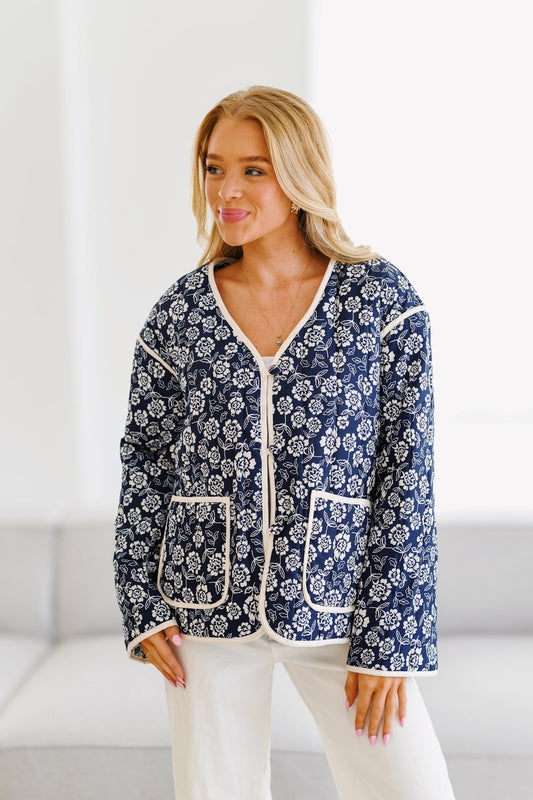 Jayla Printed Quilted Jacket-Navy/Cream