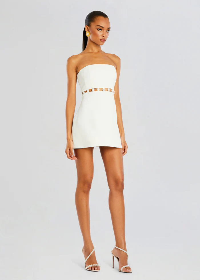 White - Women's elegant white strapless mini dress featuring a structured A-line silhouette and a distinctive waist cut-out adorned with large pearl embellishments.