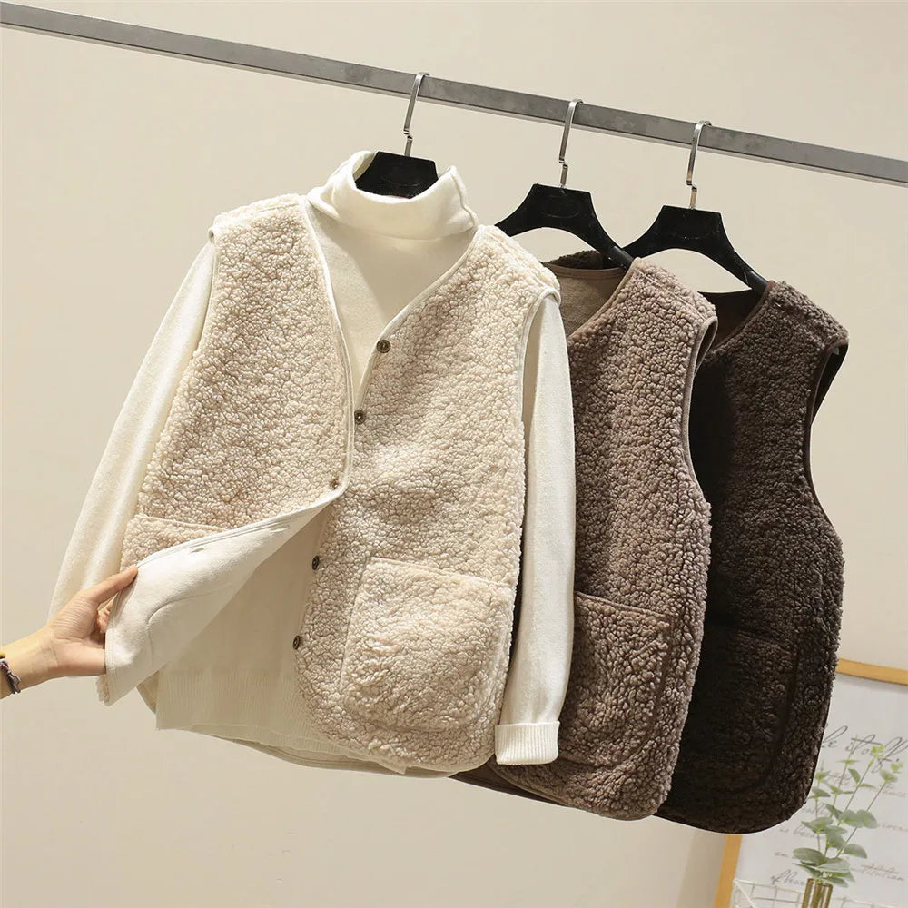 Khaki - Three women's faux shearling vests in cream, dark brown, and taupe hanging on wooden hangers, featuring a V-neck, button-front closure, and large patch pockets.
