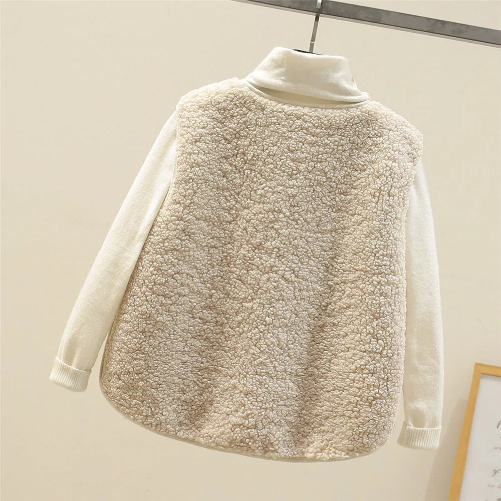 Khaki - Three women's faux shearling vests in cream, dark brown, and taupe hanging on wooden hangers, featuring a V-neck, button-front closure, and large patch pockets.