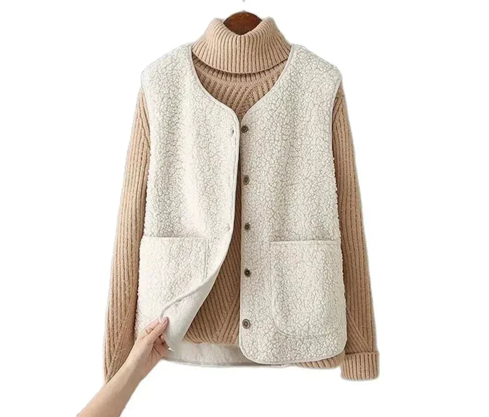 Brown - Three women's faux shearling vests in cream, dark brown, and taupe hanging on wooden hangers, featuring a V-neck, button-front closure, and large patch pockets.